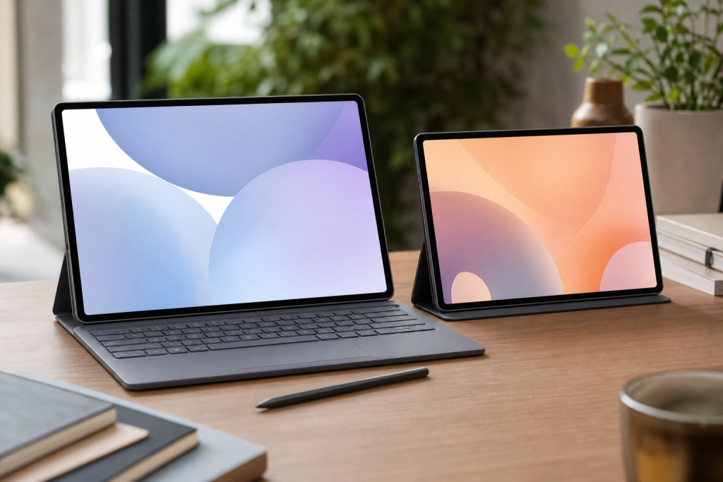 Samsung Galaxy Tab S12 chega com tela AMOLED de até 14,6”, bateria para 23 horas e Galaxy AI Galaxy Tab S12 Ultra e Galaxy Tab S12+ lado a lado em uma mesa, com S Pen e acessórios, em composição editorial sem textos visíveis