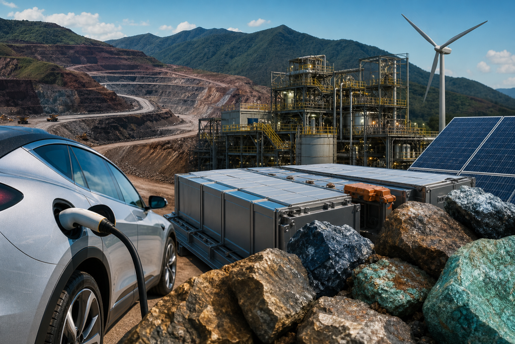 Brasil cria política para minerais críticos e busca transformar reservas em tecnologia e indústria Operação de mineração em paisagem brasileira com representação visual de tecnologia, energia limpa e processamento mineral, sem textos ou logotipos